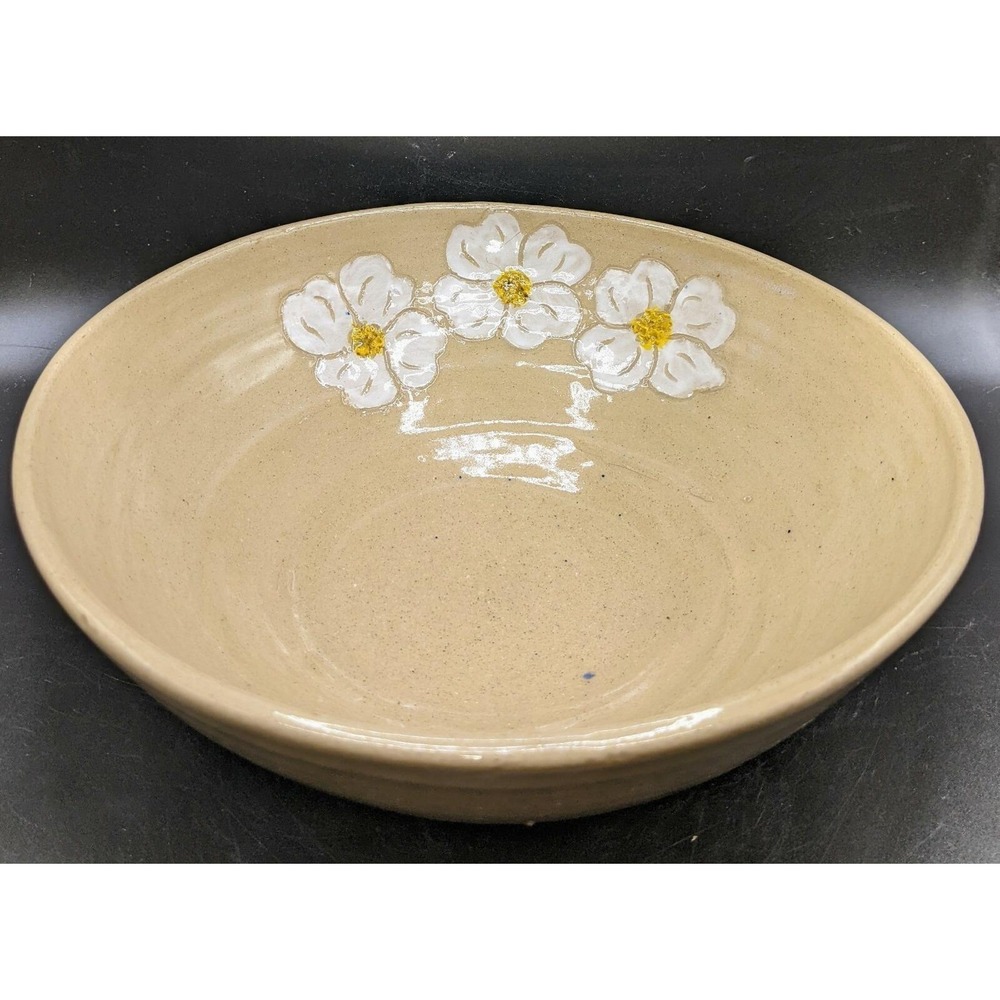Studio Art Pottery Bowl Brown Flowers Daisy 8.25" Tan Signed C. Watts Ceramic‎